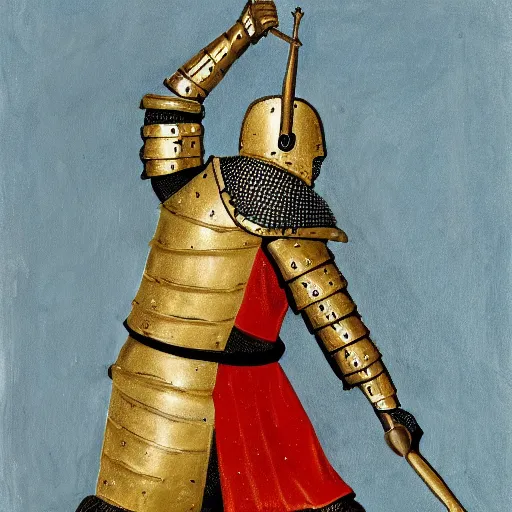 Image similar to one - armed medieval armored knight with bucket on his head, painting