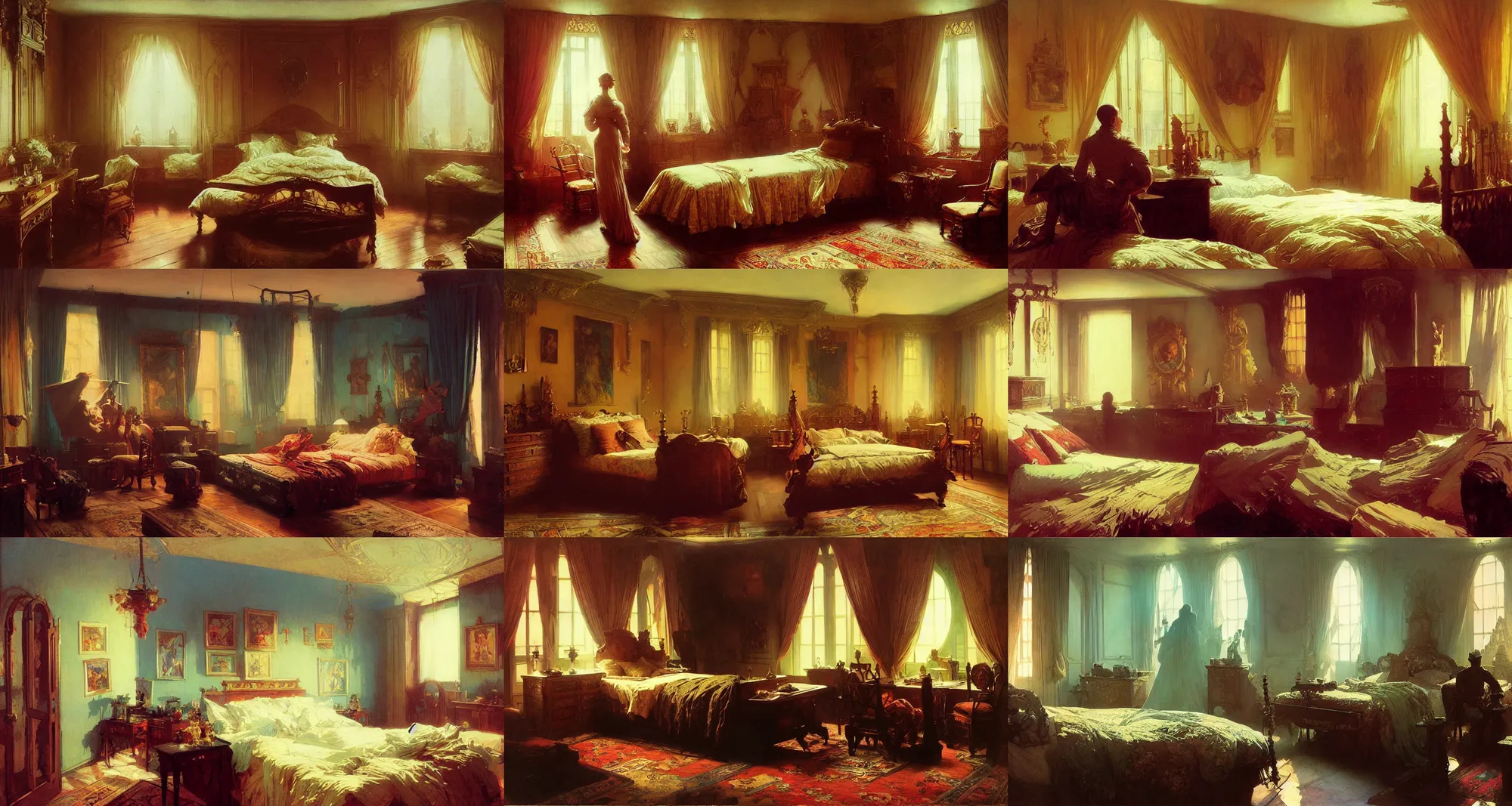 Prompt: bedroom, art by joseph leyendecker, ivan aivazovsky, ruan jia, reza afshar, marc simonetti, alphonse mucha