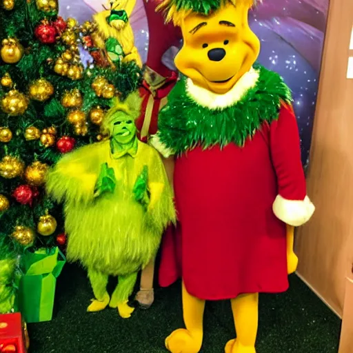 Image similar to winnie the pooh as the grinch, winnie the pooh cast as the grinch, full body shot