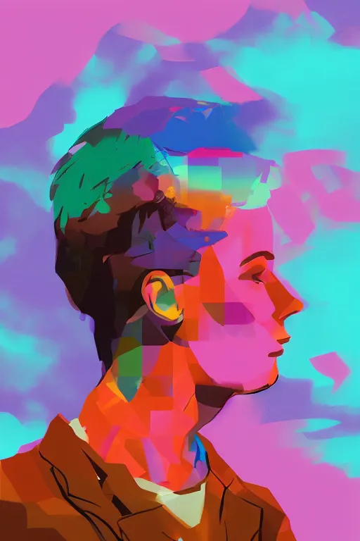 Image similar to an expressive profile painting of a typical gen z student, in the style of an original beeple digital art painting, vaporwave cartoon