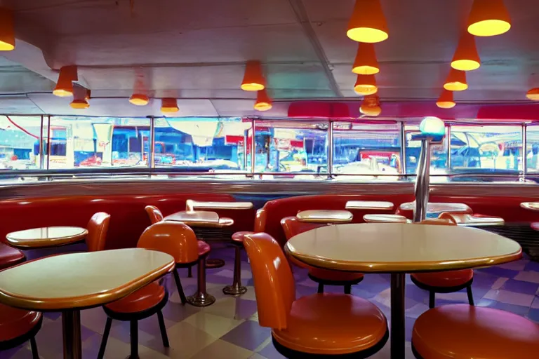 Prompt: 1 9 7 5 googie cyberspace themed classic american diner, people sitting at tables, googie architecture, one point perspective, americana, restaurant interior photography, hd 4 k, taken by alex webb