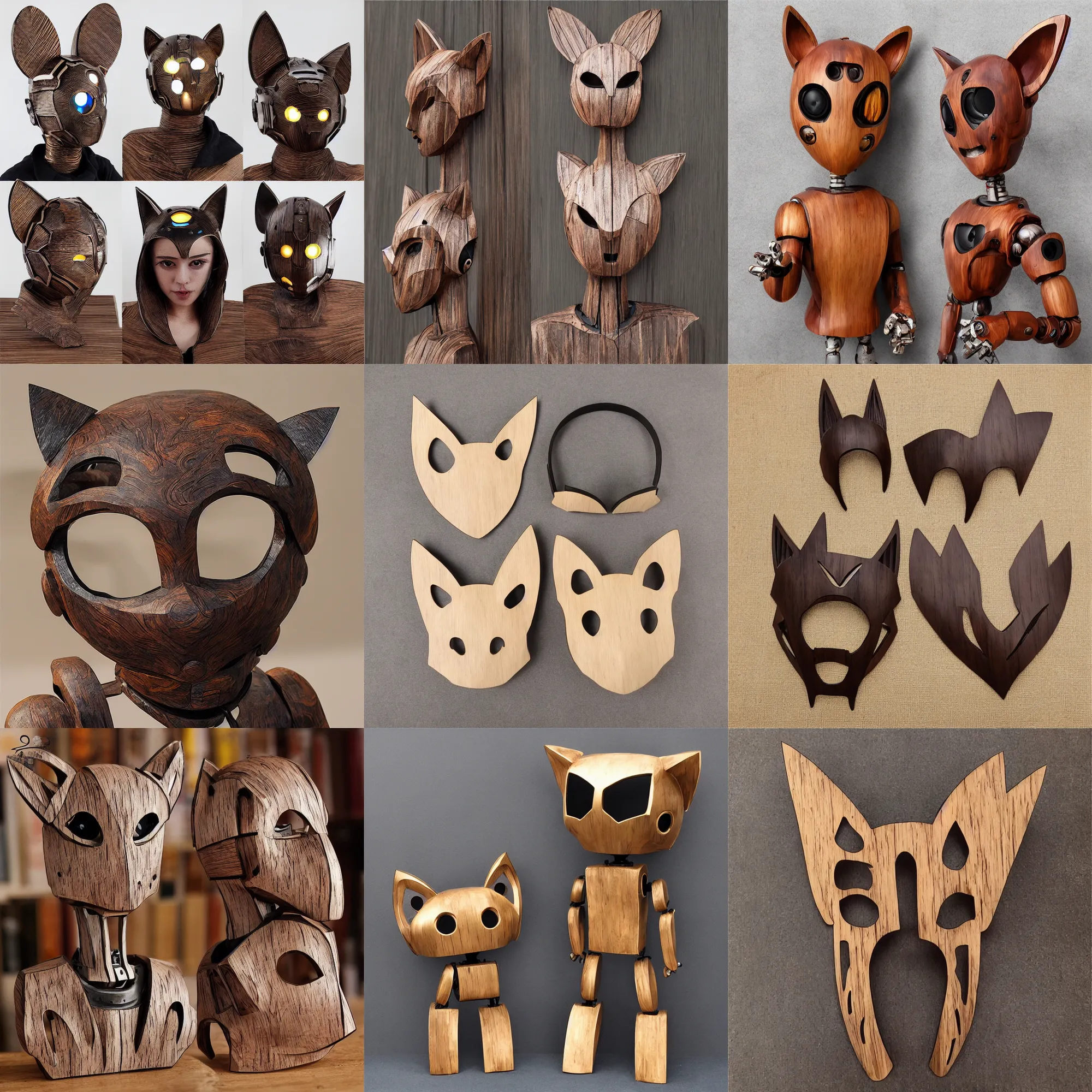 Prompt: ultra photo realistic, sculpture wooden carving cute robot piedestal cat ears cyberpunk popart collection contemporaryart