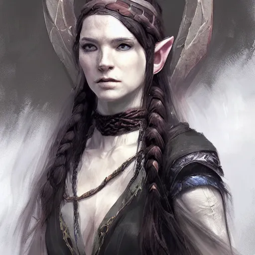 Prompt: a sullen female elf druid in dark clothes with a long dark braid, dnd character art portrait, by ruan jia