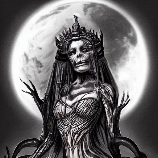 Prompt: concept art illustration of a freaky goddess with a dark moon in the far distance by HR giger, trending on artstation, 8k