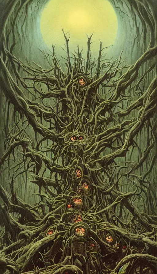 Image similar to a storm vortex made of many demonic eyes and teeth over a forest, by gerald brom,