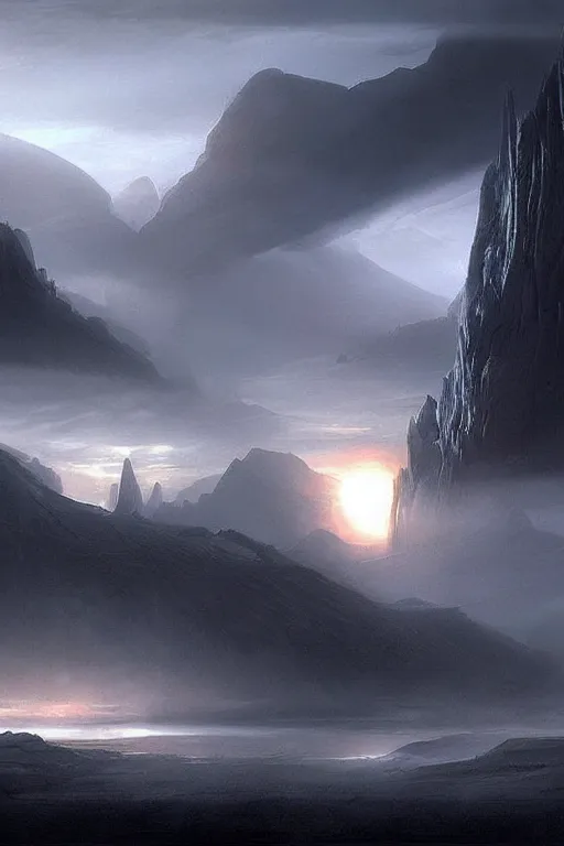 Image similar to concept art, matte painting, dark epic sci fi landscape dawn mist halo, by dawe gabriel and dean roger