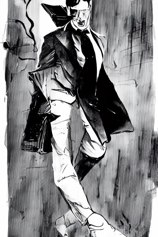 Image similar to black and white illustration of Patrick Bateman in a rainy street, neo noir style, Frank Miller creative design, body horror, high detail