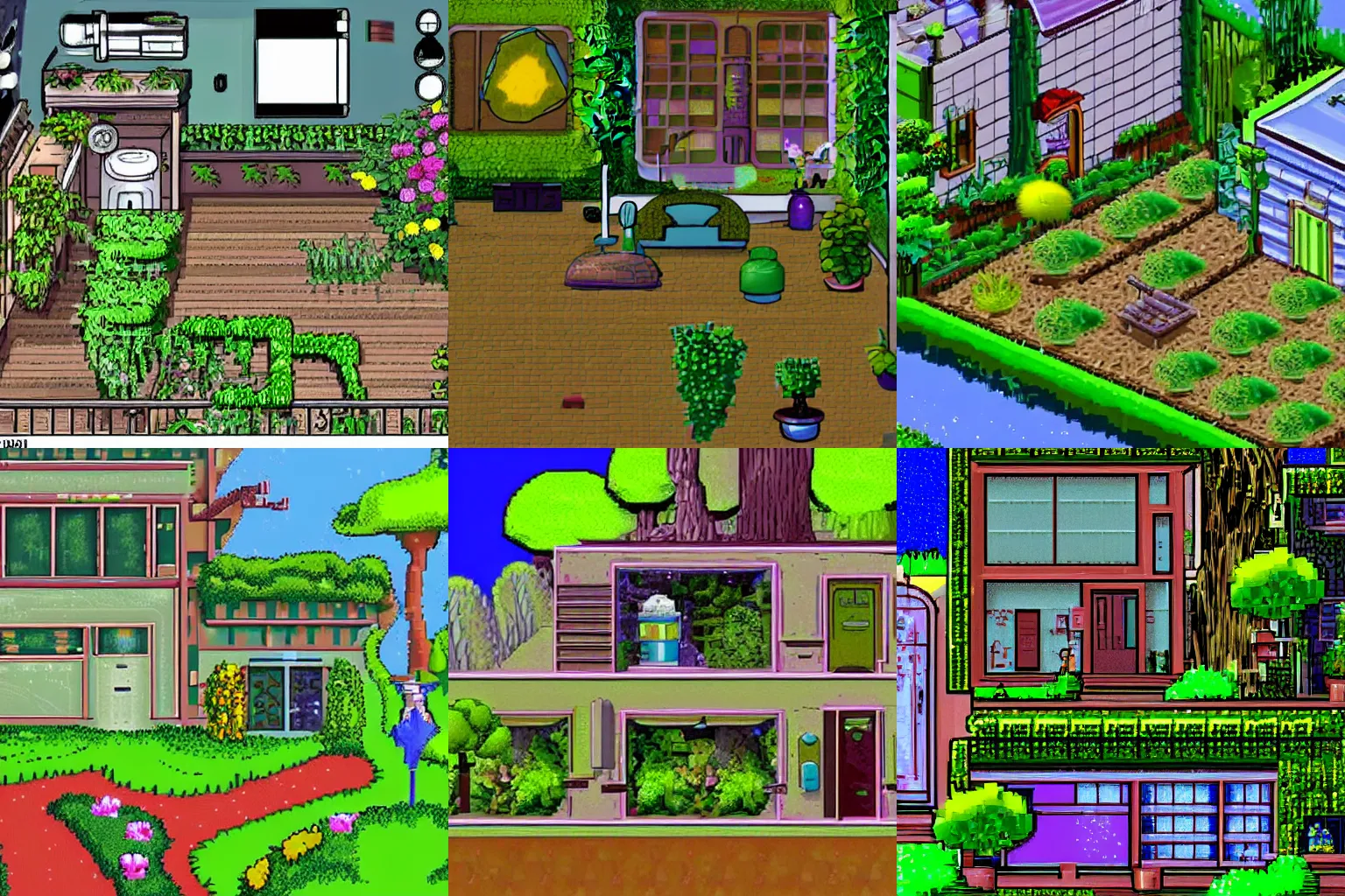 Prompt: a house with a garden, from a space themed Lucasarts graphic adventure game made in 1999