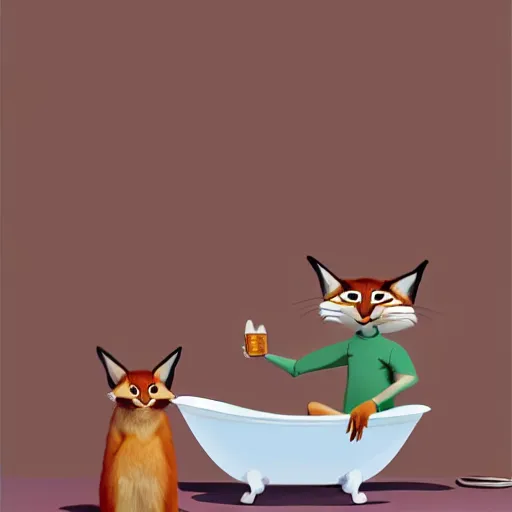 Image similar to Goro Fujita illustrating photo of a cute caracal in a bathtub