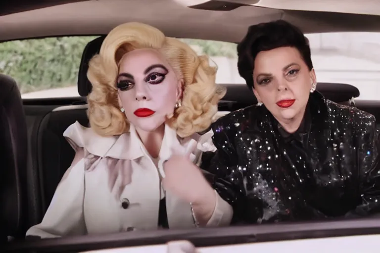 Image similar to lady gaga and judy garland in carpool karaoke, lady gaga, judy garland, red weapon 8 k s 3 5, cooke anamorphic / i lenses, highly detailed, cinematic lighting