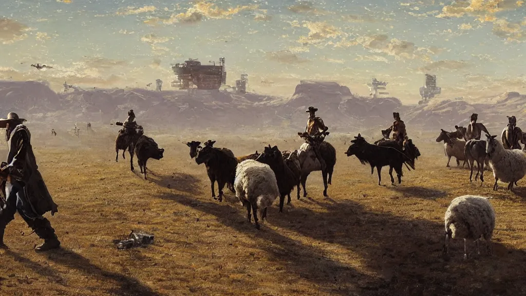 Prompt: Cyberpunk cowboys herding sheep in a No Man\'s Sky landscape in the style of Frederic Remington