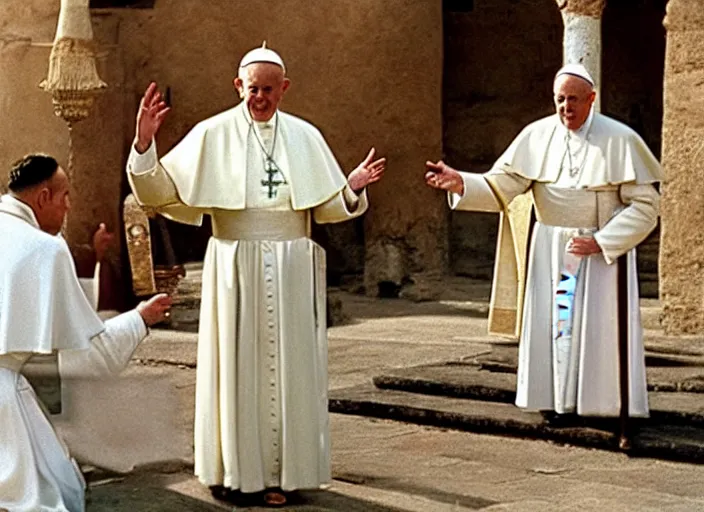 Prompt: a film still of the pope dresses in egyptian style talking to moises, in the 1 0 commandments ( 1 9 5 6 ), technicolor color