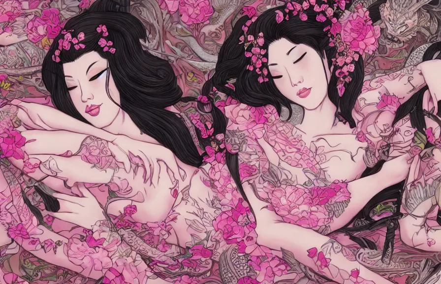 Image similar to full body portrait of Geishas lying in pink silk sheets, whole skin covered with dragon and flowers tattoos, D&D, fantasy, highly detailed, digital art, trending on artstation, smooth, sharp focus, illustration, art by artgem