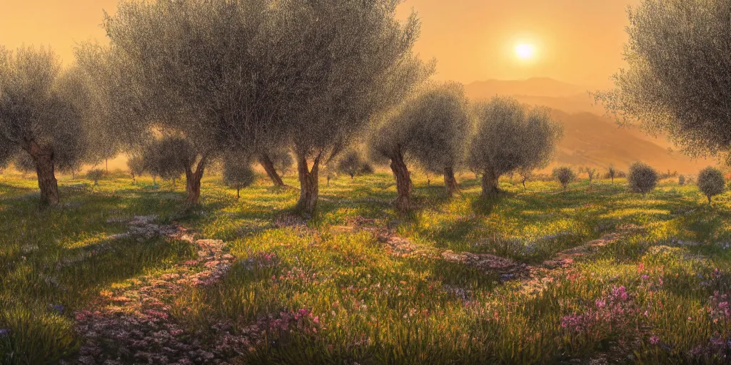 Image similar to flourishing blooming garden full of olive trees in italy, painting, matte painting, canvas, 4 k, 8 k, high detail, golden hour, sunset, epic light, shadows, contrast,