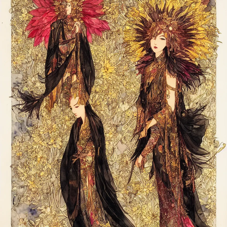 Image similar to watercolor, final fantasy character design, east-asian queen-goddess wearing a shiny golden sunflower crown and a divine black and brown dress, character portrait, angelic, shrouded in soft red smoke, harry clarke artwork