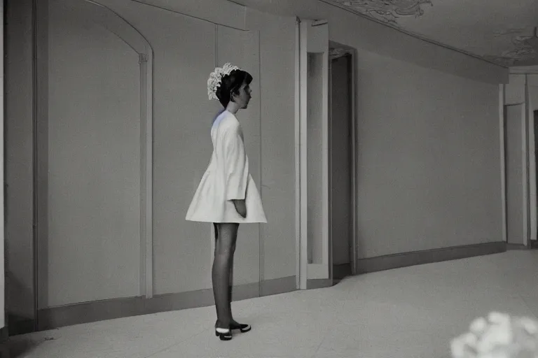 Image similar to giant flower head, girl standing in 1 9 6 0 s hotel, surreal photography, symmetry, mid century, liminal space, detailed, wes anderson