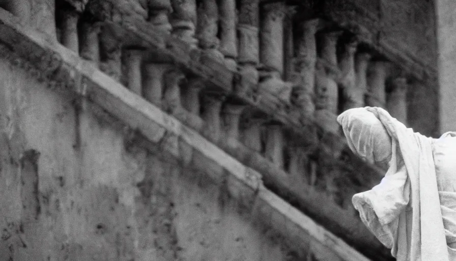 Image similar to 1 9 6 0 s movie still close - up of caligula in a white toga bleeding heavy on ancient stairs, cinestill 8 0 0 t 3 5 mm, high quality, heavy grain, high detail, dramatic light, anamorphic