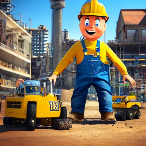 Image similar to bob the builder as a real life human person shot from cinematic, hyper detailed, ultra realistic 4k trending on artstation