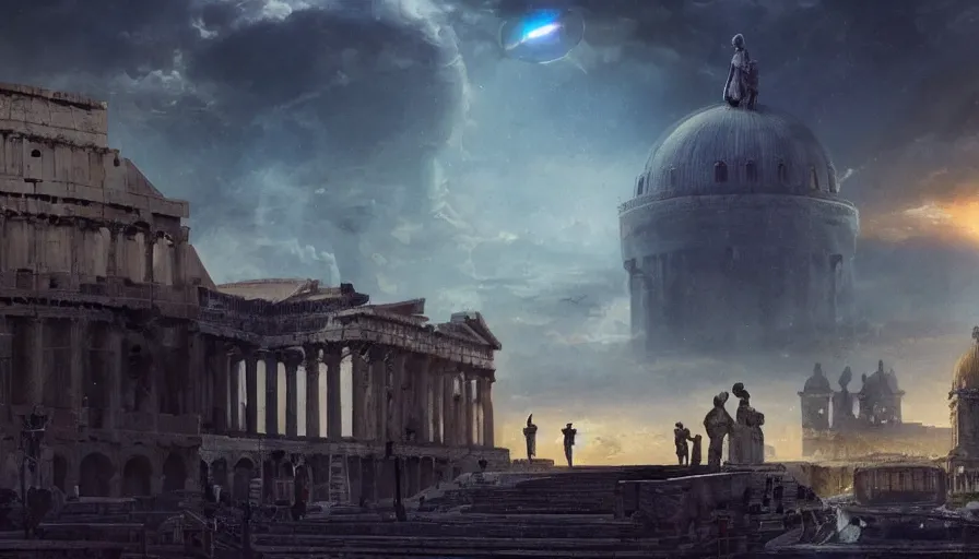 Image similar to silhouette of a greek king overlooking a giant alien ufo high tech spaceship eerily hovering on italy venice city landscape with beautiful temples by greg rutkowski, artgerm, ross tran, magali villeneuve, intricate, time travel theme, audince in awe, spectacle, audience sorrounding, award winning, octane render, masterpiece, 8 k, beautiful