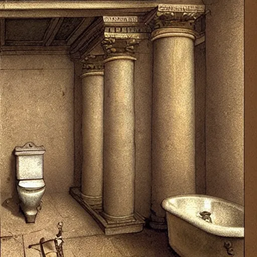 Prompt: the bathroom in ancient rome,real photo,highly detailed,crazy details,realistic,unusual