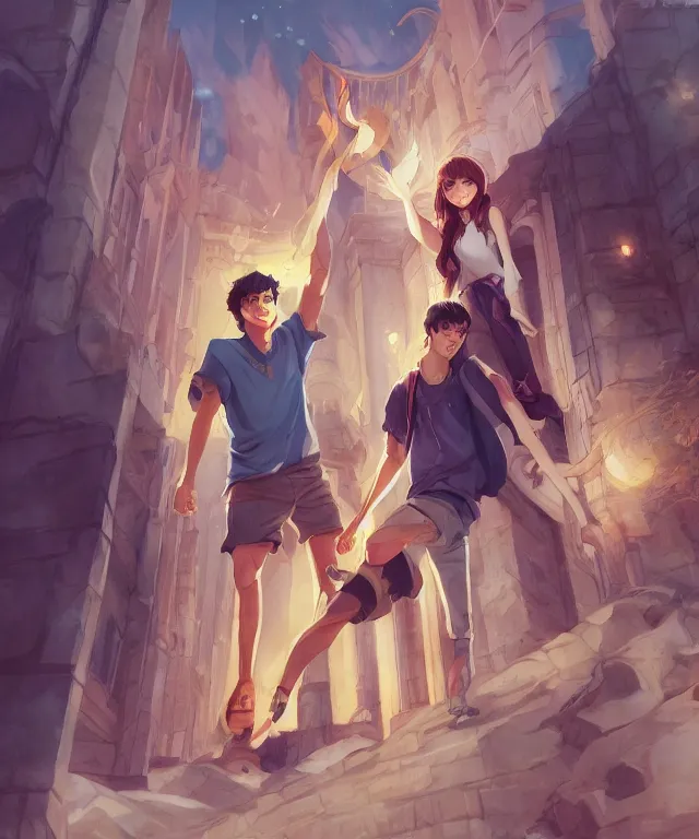 Image similar to percy jackson and annabeth chase, ambient, studio ghibli studio key hideaki anno sakimichan stanley artgerm lau rossdraws james jean marc simonetti elegant highly detailed digital painting artstation pixiv