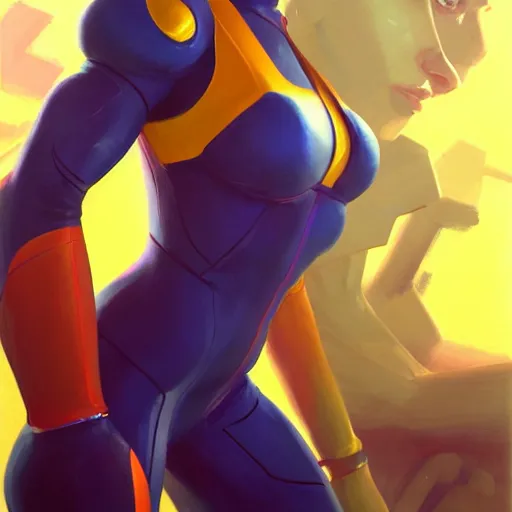 Prompt: portrait of Zero Suit Samus, medium shot, asymmetrical, profile picture, Organic Painting, sunny day, Matte Painting, bold shapes, hard edges, street art, trending on artstation, by Greg Manchess and Huang Guangjian and Loish and Gil Elvgren and Sachin Teng