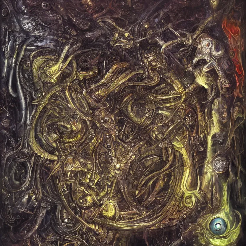 Image similar to biomechanical muladara chakra, volumetric shadows and lighting, concept art, psychedelic colors, realistic oil painting by h. r giger,