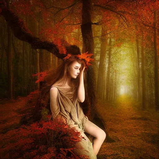 Image similar to portrait of a dryad in a forest of autumn maples by brian froud and jessica rossier dark mysterious, filtered evening light