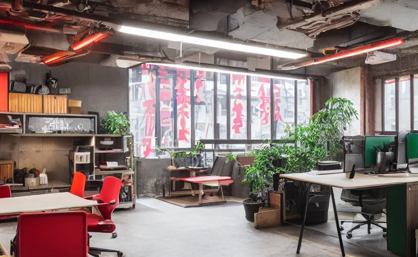 Prompt: maximalist interior of an office, pine wood, cyberpunk, japanese neon signs, retro futuristic, old brick walls, multiple desks, cupboards, rough wood, grey, anthracite, red, akihabara style, swedish style, green plants, window with a view of apartment blocks, 8K