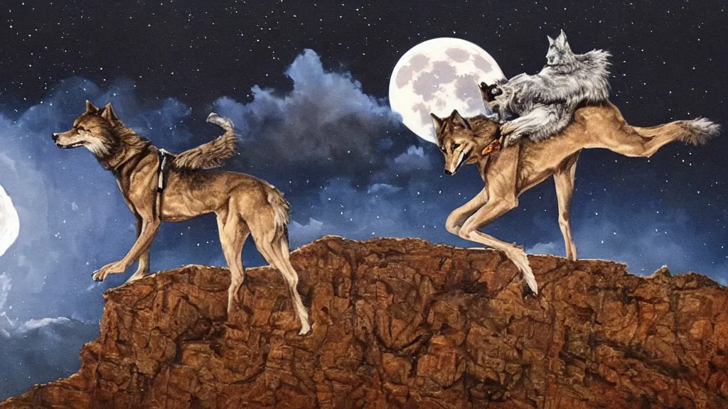 Prompt: epic oil painting of a close up of a highly detailed David Bowie riding a (wolf) at night, on top of a large cliff, with the full moon in the background, highly detailed