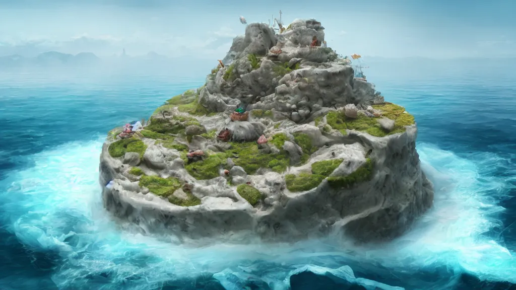 Prompt: fish island, surrounded by an ocean made of ice cream, digital art, realistic, highly detailed, matte painting, concept art, 8 k, 4 k, trending artstation