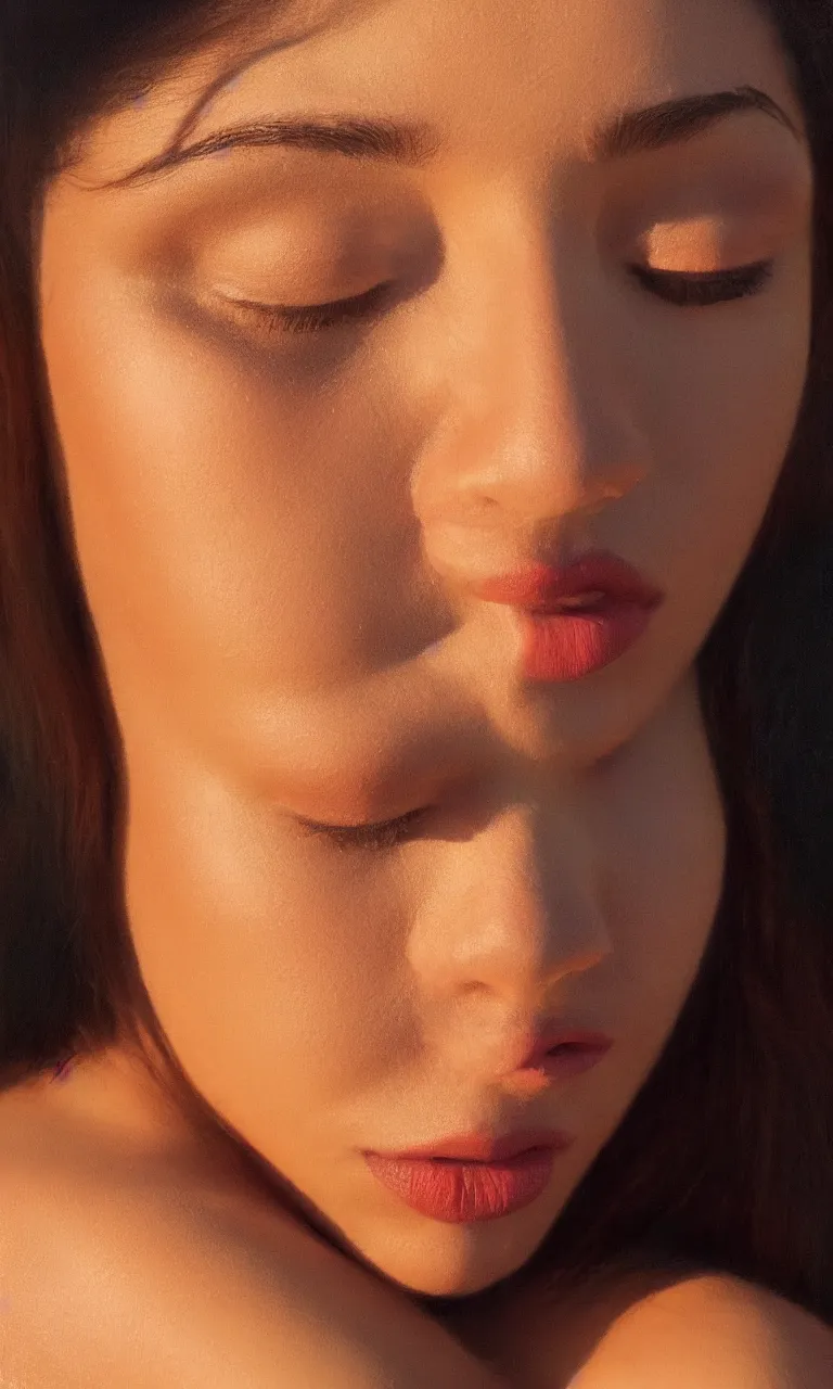 Image similar to a face portrait of a beautiful girl enjoying the warm sunlight, cuban setting, close - shot, symmetrical face, warm colors, soft lighting, atmospheric, cinematic, moody, in the style of diego koi, gina heyer, luiz escanuela, art by alyssa monk, hyperrealism, rule of thirds, golden ratio, oil on canvas, 8 k