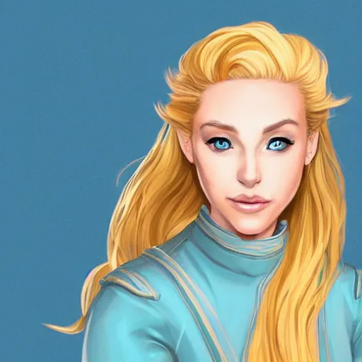 Prompt: a portrait of a young woman with blonde hair, brave, rich, fancy clothes, blue uniform, shallan davar, blue eyes, beautiful, smiling, thick hair, dnd, rpg, outgoing, glowing, quick witted, artgerm style