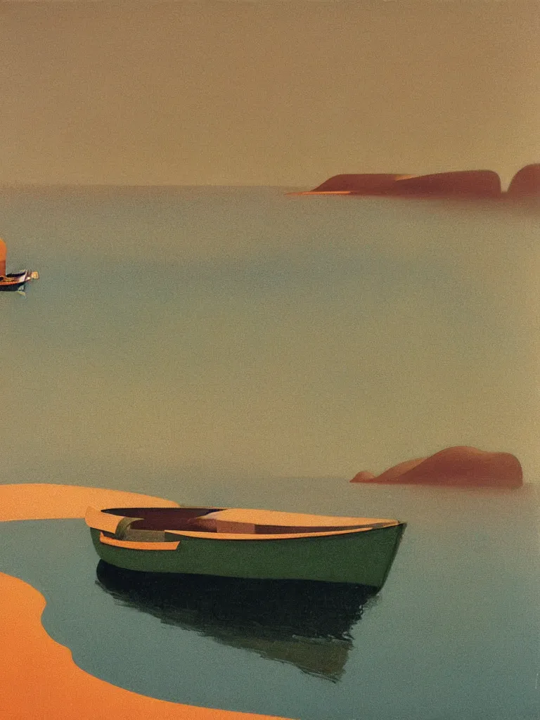 Prompt: a vintage neo retro poster of one pale orange and pale dark green boat floating on stylized water in bassin d'arcachon, a pale yellow and marron gradient sand dune in background, australian tonalism, pale gradients design, matte drawing, clean and simple design, outrun color palette. Painting by Morandi, Agnes Pelton