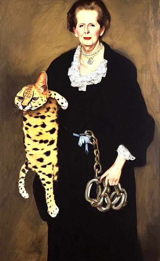 Image similar to an oil portrait of margaret thatcher in ceremonial robe holding a chained distressed serval, high quality, artstation, higly detailed, art by velaquez rubens and francisco goya, dark lighting