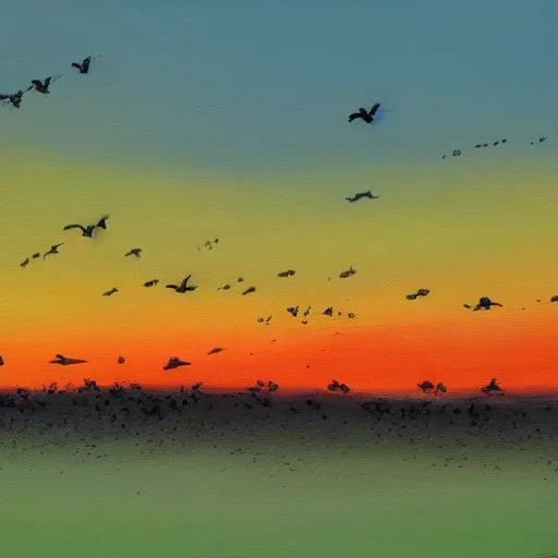 Prompt: a painting of a flock of crows flying in the distance, sunset, trending on artstation, masterpiece, in the style of Claude Monet