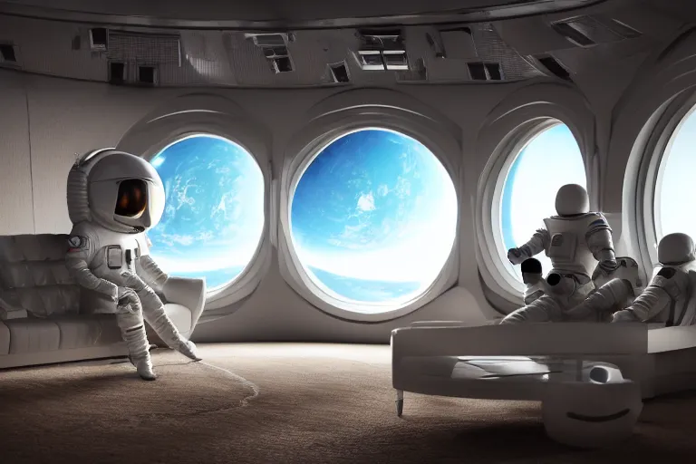 Image similar to photo realistic octane render of a living room in a space station with a sad astronaut looking out the window at earth