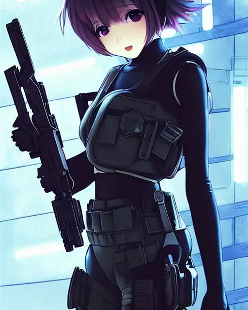 Image similar to 2 b, anime key visual of a young female swat officer, neon, cyberpunk, futuristic, white outfit, black swat vest, swat helmet, holding pdw, stunning, highly detailed, digital painting, smooth, soft focus, illustration, poster, japanese typography, digital art from artstation by artgerm and greg rutkowski and alphonse mucha