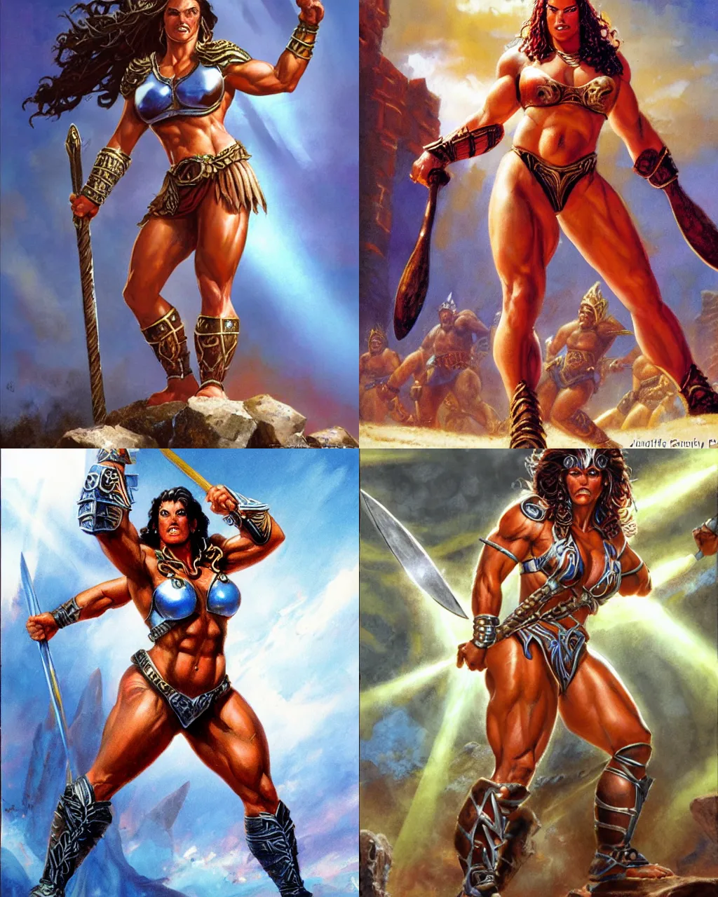 Prompt: large and strong female gladiator standing in the arena, muscular and mighty, low angle, sunshafts, by jeff easley and ralph horsley