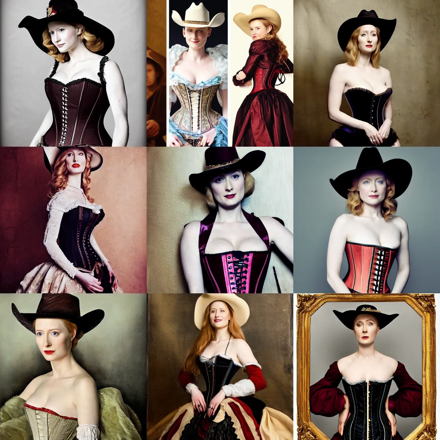 Prompt: A portrait renaissance showing Eva Rachel Wood Like a queen wearing a corset and a cowboy hat