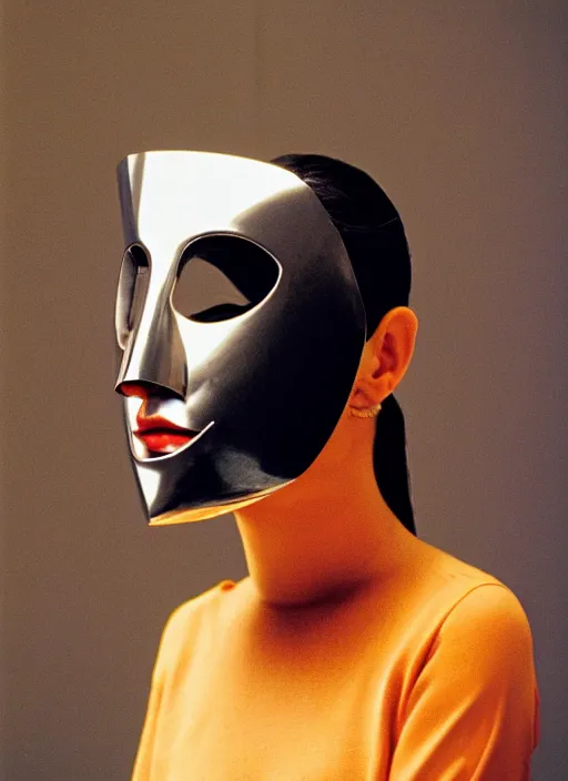 Image similar to a fashion portrait photograph of a woman wearing a metal mask designed by james turrell, 3 5 mm, color film camera,