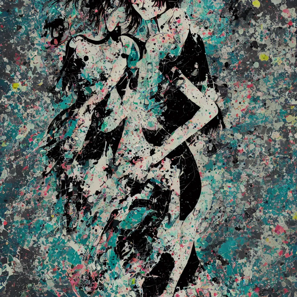 Image similar to girl figure, abstract, jet set radio artwork, ryuta ueda artwork, cryptic, rips, spots, asymmetry, stipple, lines, glitches, color tearing, pitch bending, stripes, dark, ominous, eerie, hearts, minimal, points, technical, natsumi mukai artwrok, folds