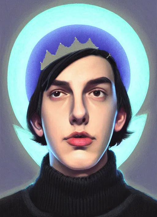 Image similar to portrait of teenage jughead jones wearing a light grey crown, crown, blue turtleneck, 1 9 5 0 s, closed eyes, photorealistic, black hair, glowing lighting, intricate, elegant, glowing lights, highly detailed, digital painting, artstation, concept art, smooth, sharp focus, illustration, art by wlop, mars ravelo and greg rutkowski