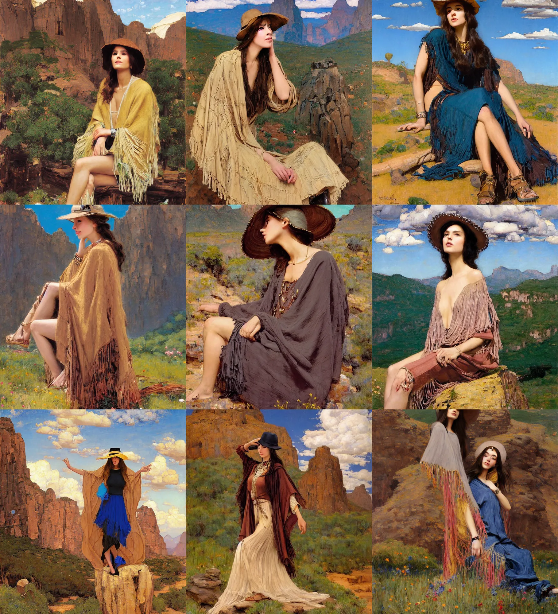 Prompt: portrait of fashionable young woman wearing rich jewerly hat and boho poncho in nature mountains and desert, sitting dynamic pose, relax, thunder clouds in the sky, artwork by john william waterhouse and Theodore Ralli and Frank Frazetta and rhads and Denis Sarazhin and klimt and Dean Ellis and Detmold Charles Maurice, levitation, industrial rusty pipes, simple form, brutal shapes