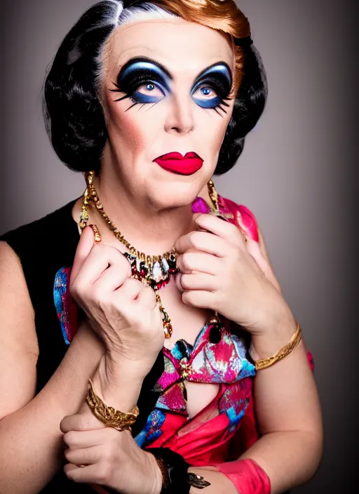 Image similar to studio portrait of lindsey graham in full drag dressed in drag dressed as a woman makeup, 8 k, studio lighting, key light, back light, sequents,