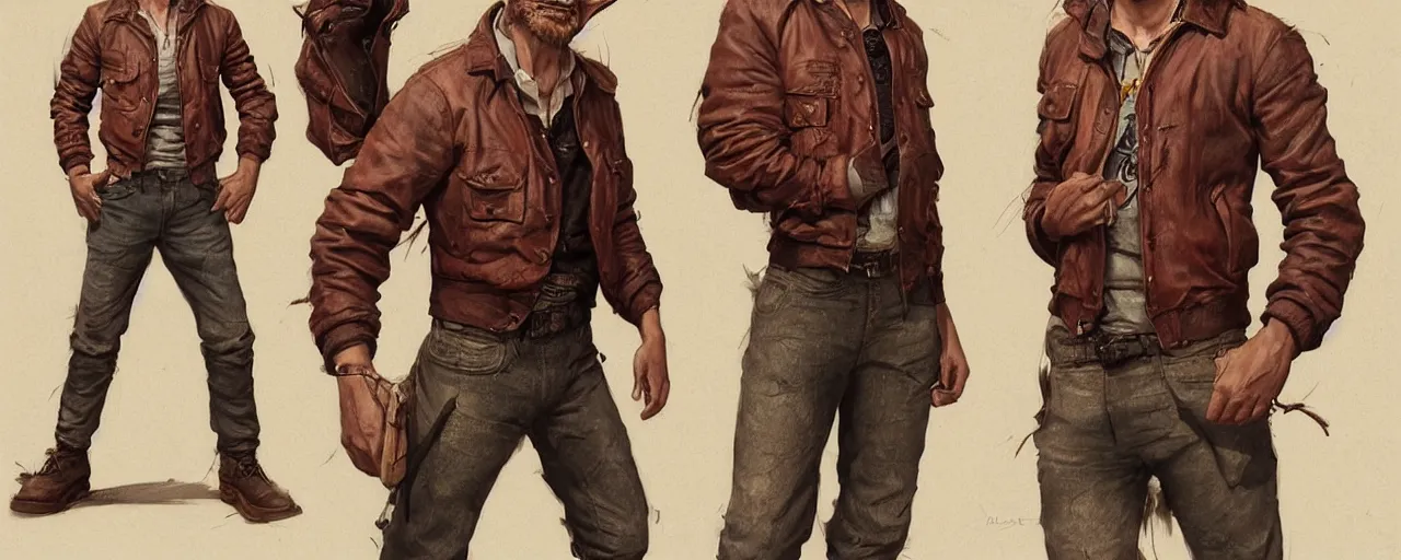 Prompt: character design, turnaround, complete character, 40's adventurer, unshaven, optimistic, stained dirty clothing, straw hat, riding boots, red t-shirt, dusty brown bomber leather jacket, detailed, concept art, photorealistic, hyperdetailed, 3d rendering , art by Leyendecker and frazetta,