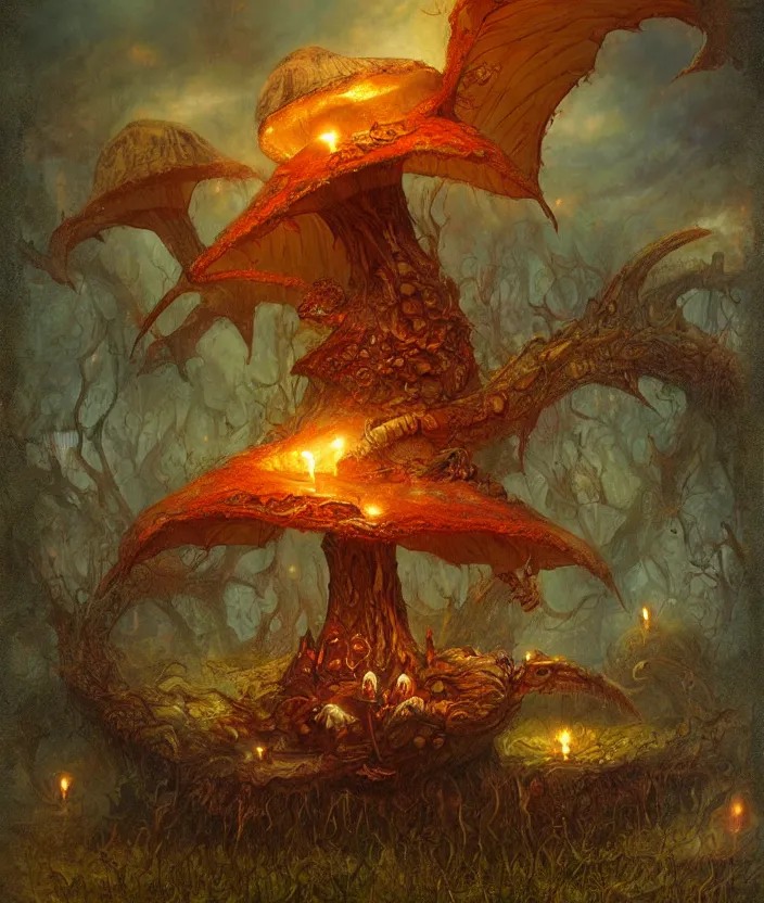 Prompt: Mushroom Dragon, fantasy artwork, godrays, warm colors, by seb mckinnon