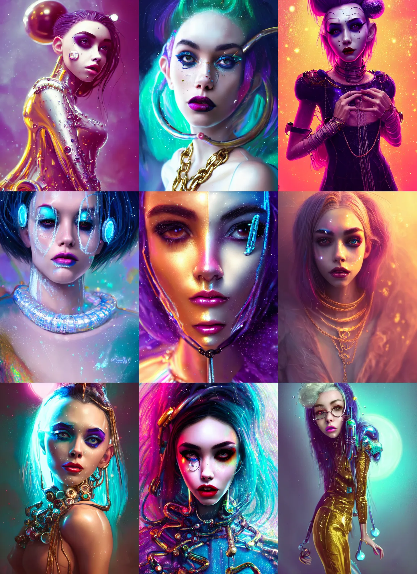 Prompt: disney 8 k photo, gorgeous shiny sweaty grand pearlescent chained white emo clowncore nerd cyborg madison beer, vogue, ( golden ratio ), ice, sci fi, fantasy, cyberpunk, intricate, decadent, highly detailed, digital painting, octane render, artstation, concept art, smooth, sharp focus, illustration, art by loish, wlop