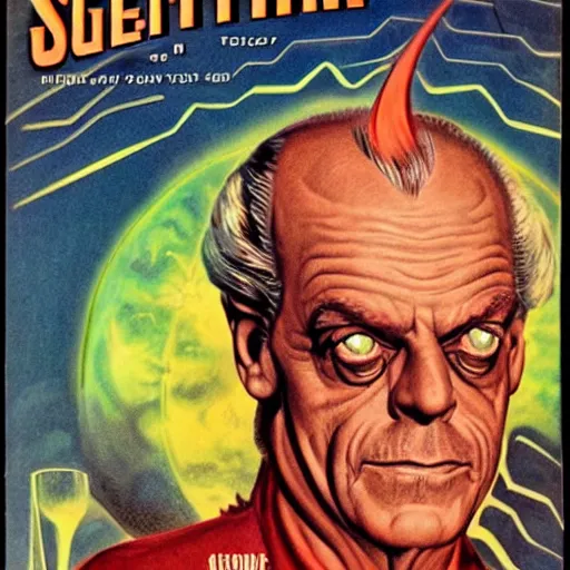 Prompt: Christopher Lloyd as Satan in retro science fiction cover by Kelly Freas (1960)