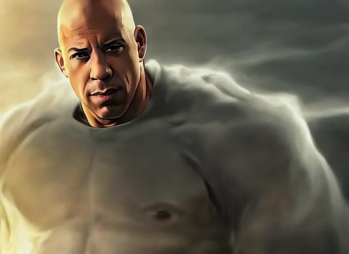 Image similar to landscape, long shot of vin diesel as saitama!!! throwing a car, hyperrealism, trending on artstation